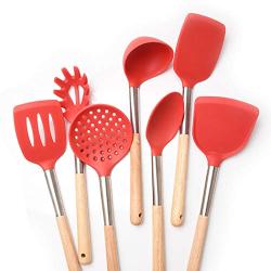 JunbosiKitchenware Silicone Kitchenware with Wooden Handle Non-Stick Silicone Kitchen Tool Shovel Spoon Set Shovel Spoon Kitchen Set