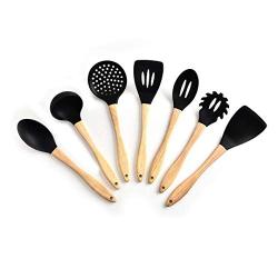 Hjyi Silicone Kitchen wooden Handle Silicone Kitchenware 7 pieces set high temperature resistant cooking shovel spoon non stick pot spatula kitchen tool Set