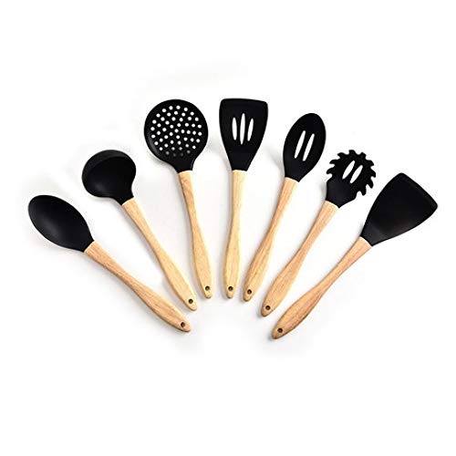 Hjyi Silicone Kitchen wooden Handle Silicone Kitchenware 7 pieces set high temperature resistant cooking shovel spoon non stick pot spatula kitchen tool Set
