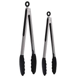 FXINJZANJ Set of 2-9" 12" Stainless Steel Kitchen Tongs with Black Heat Resistant Silicone Food Clip