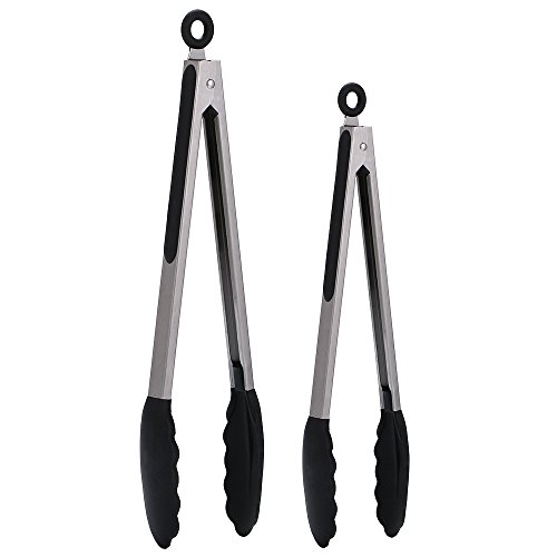 FXINJZANJ Set of 2-9" 12" Stainless Steel Kitchen Tongs with Black Heat Resistant Silicone Food Clip