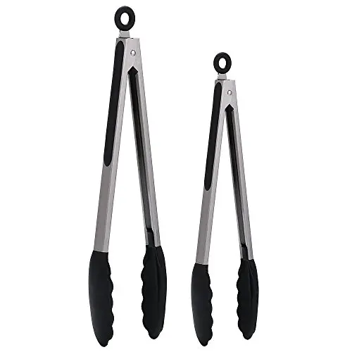 FXINJZANJ Set of 2-9" 12" Stainless Steel Kitchen Tongs with Black Heat Resistant Silicone Food Clip
