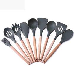 Hjyi Kitchen Cooking silicone kitchenware resistant to high temperature non-stick pot wooden handle silicone cooking spoon shovel (9-piece set)