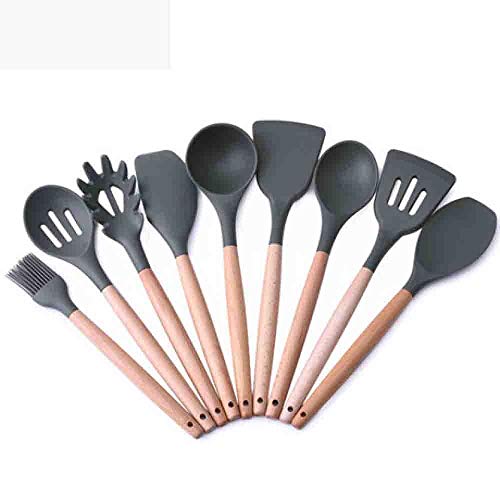 Hjyi Kitchen Cooking silicone kitchenware resistant to high temperature non-stick pot wooden handle silicone cooking spoon shovel (9-piece set)