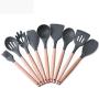 Hjyi Kitchen Cooking silicone kitchenware resistant to high temperature non-stick pot wooden handle silicone cooking spoon shovel (9-piece set)