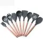 Hjyi Kitchen Cooking silicone kitchenware resistant to high temperature non-stick pot wooden handle silicone cooking spoon shovel (9-piece set)