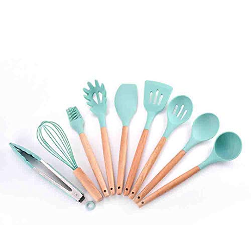 Hjyi Silicone Kitchen Spoon Shovel kit Wooden handle silicone kitchenware 9 piece set with kitchenware bucket non-stick pot cooking Spoon