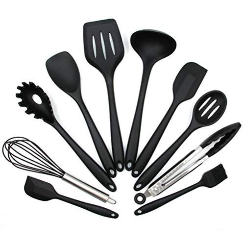 Kirabon 10PC Kitchen Utensils Cooking Non Stick Barking Tool Silicon Set Kitchenware (Color : Black)