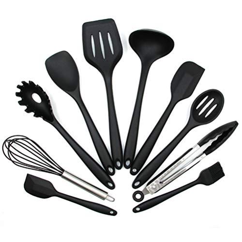 ALLCIAA 10PC Kitchen Utensils Cooking Non Stick Barking Tool Silicon Set Kitchenware Silicone Bamboo Handle Kitchenware Set (Color : Black)