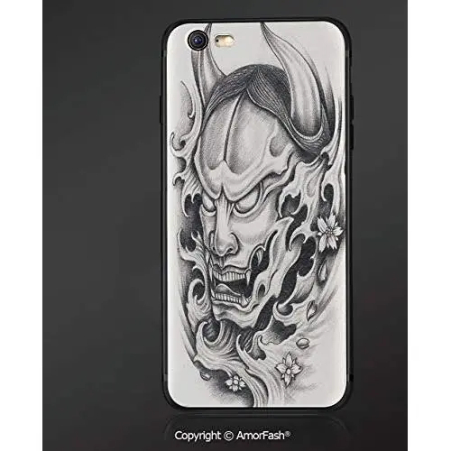 Customized iPhone 6 Case | iPhone 6S Case | Shockproof,Lightweight,Scratch Resistant,Kabuki Mask Decoration,Hand Drawn Malevolent Face Vicious Evil Monster with Blossoms Image Decorative,White Black