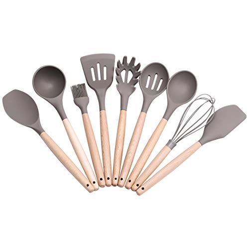 JunbosiKitchenware Handle Silicone Cooking Spoon Shovel 9 Piece Set Nonstick Cookware High Temperature Silicone Kitchenware Set Silicone Shovel