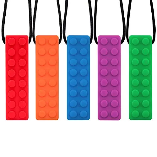 Petift Sensory Chew Necklace Bundle for Boys Girls Kids,Chewy Stick Toy,Chewing Pendant,Silicone Teether Chewlery Necklace Chewing Tool,Chewy Brick for Autism,Teething,ADHD,Biting,Oral Motor(5 Pack)