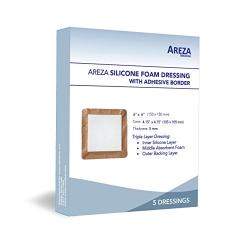 Silicone Foam Dressing with Border (Adhesive) Waterproof 6" X 6" (15 cm X 15 cm) (Central Ultra Absorbent-Foam Pad is 4" X 4") 5 Per Box (1); Wound Dressing by Areza Medical