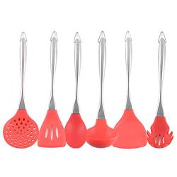 JunbosiKitchenware Red Stainless Steel Silicone Kitchenware High Temperature Non-Stick Cookware Spatula Soup Cooking Spoon Shovel Set