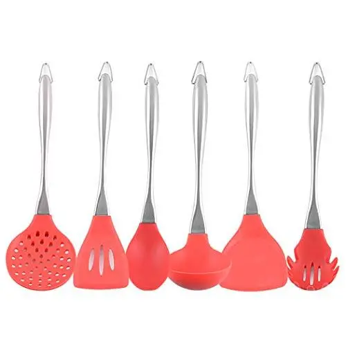 JunbosiKitchenware Red Stainless Steel Silicone Kitchenware High Temperature Non-Stick Cookware Spatula Soup Cooking Spoon Shovel Set
