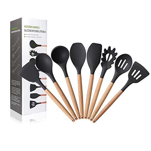Kitchen Gadget Set 8 Pieces With Silicone and Wooden Handle Kitchen Utensils, Non-Stick Scraper Shovel Spoon Tool, Kitchenware