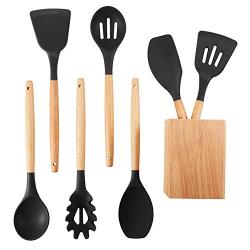 DSstyles Wood Handle Silicone Kitchenware Set Cooking Tools for Non-stick Pan Wooden seven-piece set Birthday Christmas Gift