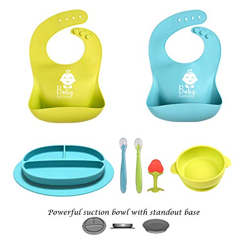 Baby Feeding Set - Silicone Bib Plates Bowls Spoons BPA Free -Toddler Divided Plate Suction Bowl & Soft Spoon Teether- Self Feed, Easy Clean,Safe for Children, Waterproof Spill Resistant