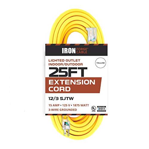 25 Foot Lighted Outdoor Extension Cord - 12/3 SJTW Heavy Duty Yellow Extension Cable Extension Cable with 3 Prong Grounded Plug for Safety - Great for Garden and Major Appliances