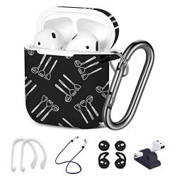 [ Compatible with Apple AirPods 1 & 2 ] 7 in 1 AirPods Accessories Set - TPU Gel Protective Case/Carabiner Keychain/Ear Hooks/Strap/Watch Band Holder - (Doodle Kitchenware Pattern)