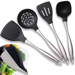 Kitchenware Utensils Set 4 Piece Premium Silicone Stainless steel Heat Resistant Non-Stick Cooking Professional Tools Black