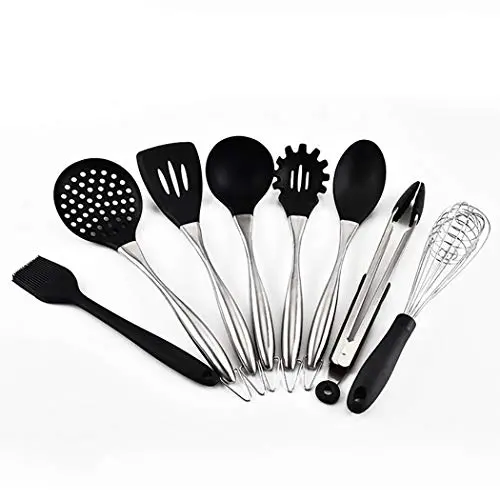 JunbosiKitchenware Silicone Kitchenware Set of 8 Stainless Steel Handle Kitchenware Set High Temperature Anti-Scalding Cooking Spoon Shovel