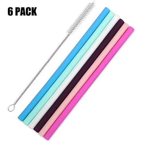 6 Big Size Reusable Straight Silicone Straws for 30oz Tumblers - Extra Long Smoothies straws for Home/Travel/Office - with Cleaning Brush