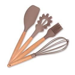 Jdeepued Silicone kitchenware 9 Pieces Brown Silicone Cooking Utensils Kitchen Utensil Set Wooden Handles Cooking Tools for Nonstick Cookware Brown Silicone Kitchen Utensils