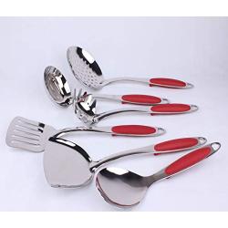 KITCHENWARE: STAINLESS STEEL RED SILICONE HANDLE 6PCS COOKING UTENSIL SET