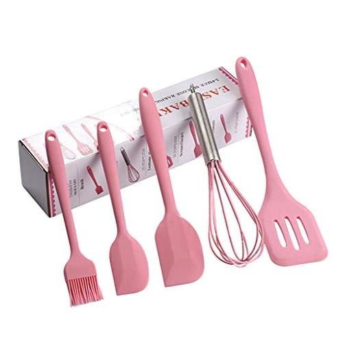 5 Pcs Silicone Kitchen Kitchenware Set - Cooking Baking Utensil Tools Turner Spatula Non-Stick & Heat Resistant Pink