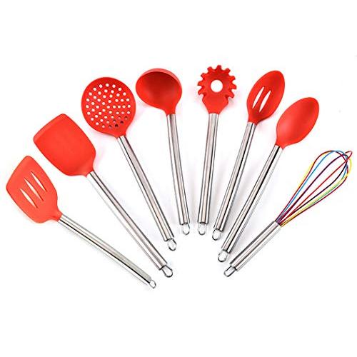 JunbosiKitchenware Stainless Steel Handle Silicone Kitchenware 8 Piece Set Non-Stick Kitchen Tool Anti-Scalding Cooking Shovel Spoon,Red
