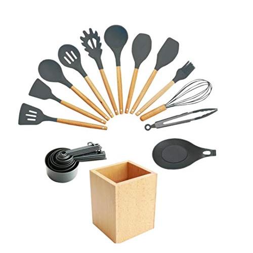 Kitchenware Set Silicone Wood Handle - 23 Piece Set Food Grade Nonstick Cooking Spoon Shovel Tool, Cooking Set Shovel Soup Hedge Ladder - Chefs Hand, 灰色