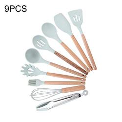 9PCS 10PCS Blue Silicone Kitchenware Set Kitchen Spatula Spoon Set Wooden Storage Tube