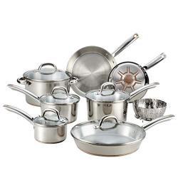 T-fal C836SD Ultimate Stainless Steel Copper Bottom 13 PC Cookware Set, Dishwasher Safe Pots and Pans Set, Silver