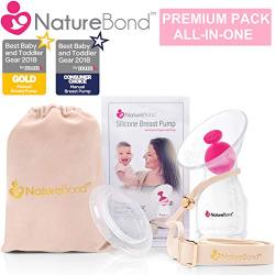 NatureBond Silicone Breastfeeding Manual Breast Pump Milk Saver Nursing Pump | All-in-1 Pump Strap, Stopper, Cover Lid, Carry Pouch, Air-Tight Vacuum Sealed in Hardcover Gift Box. BPA Free