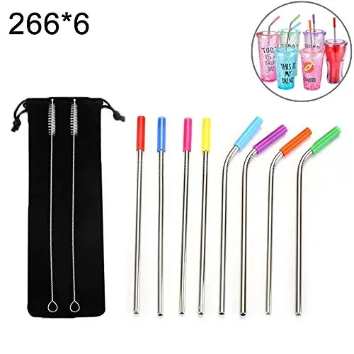 Kitchenware 8 PCS Reusable Silicone Tips Stainless Steel Drinking Straws + 2 PCS Cleaner Brushes Set Kit With Cashmere Bag, 2666mm Kitchen supplies