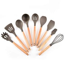 Silicone Kitchenware Set 9 Piece Set, Wooden Handle Kitchen Cooking Tool Shovel Spoon, Easy To Use and Clean, Home Cooking Silicone Kitchenware Set