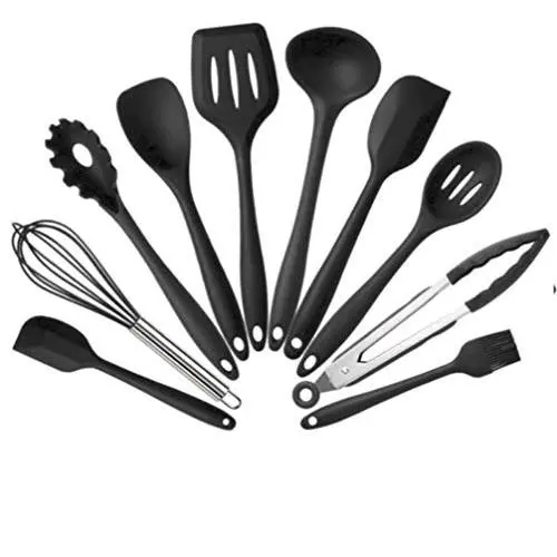 RABILTY Silicone Kitchenware 10pcs Non-Stick Pot Set Green Kitchen Tools Baking Tools (Color : Black)