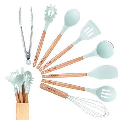 Kitchen Utensil Set Silicone Cooking Utensils 9Piece - Cooking Utensils Set with Bamboo Wood Handles for Nonstick Cookware,BPA Free, Non Toxic Turner Tongs Spatula Spoon Set.-Chefs Hand