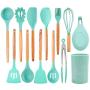 RICH Silicone Cookware Set, Non Stick kitchenware Set Solid Wood Handle with Storage Bucket Heat Resistant Durable Eco-Friendly for Kitchen