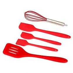 Silicone Kitchenware,Hindom 5Pcs Heat-Resistant Non-Stick Cooking & Baking Utensil Tool Sets with Hygienic Solid Coating (Red)