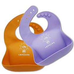 LOPE & NG Silicone Feeding Bib (Purple/Orange) - Adjustable Snaps Soft Baby Bibs for Infants and Toddlers with Food Catcher Pocket Set of 2