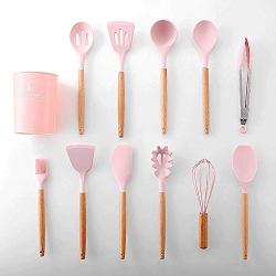 Silicone kitchenware 11 Pieces Pink Silicone Cooking Utensils Kitchen Utensil Set Wooden Handles Cooking Tools For Nonstick Cookware Includes Tongs Pasta Fork Whisk And More punk Silicone kitchen uten