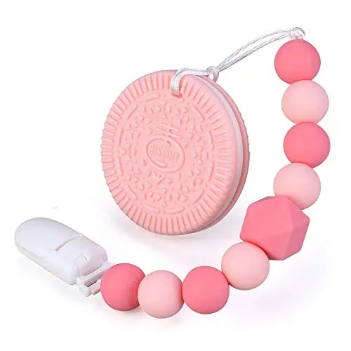 Baby Teething Toys BPA Free Silicone Teether Chew Egg with Pacifier Clip Cute and Effective Pain Relief Pink Cookie for Stylish Girl
