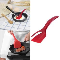 Hemoton Grip and Flip Tongs Spatula 2 in 1 Cooking Turner Silicone Kitchen Spatula for Steak Omelette Pancake Egg Frying Red