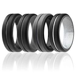 ROQ Silicone Wedding Ring for Men - 4 Packs or 1 Single Ring Mens Silicone Rubber Wedding Bands, Engraved Middle Line Beveled Edge Style, Metal & Vivid Matte Colours