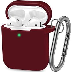 AirPods Case, Silicone Cover with U Shape Carabiner,360°Protective,Dust-Proof,Super Skin Silicone Compatible with Apple AirPods 1st/2nd (Burgundy)