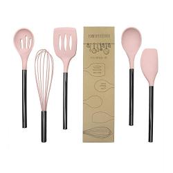 Country Kitchen 5 pc Non Stick Pink Silicone Utensil Set with Rounded Gun Metal Stainless Steel handles for Cooking and Baking