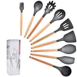 Silicone Cooking Utensil Kitchen Set - Silicone Kitchenware with Wooden Handle, Silicone Set Scraper Set - Non-stick Kitchen Tool Baking Cooking Set, 9-piece set A