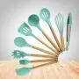 Hjyi Silicone Kitchen Wooden handle silicone kitchenware nine-piece tool shovel set kitchenware anti-ironing high temperature home gadget